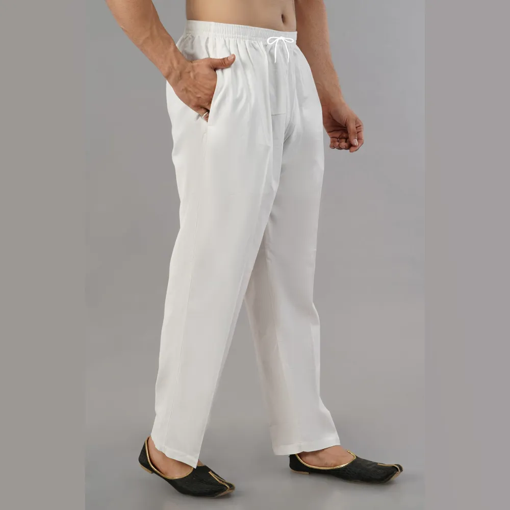 Men’s White Cotton Pajama – Classic Comfort Fit with Elastic Waist & Drawstring
